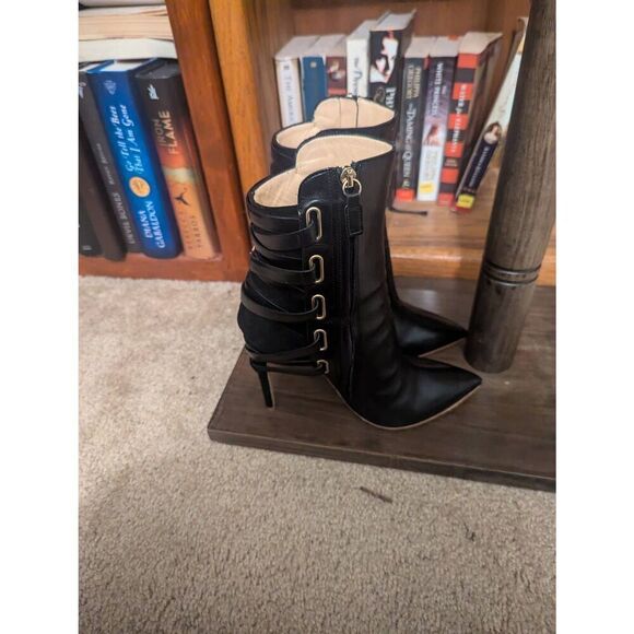 Rousseau Boots Black Tan Heels EU 38 US 8M Italy Leather Closed Toe Stiletto - Picture 2 of 6